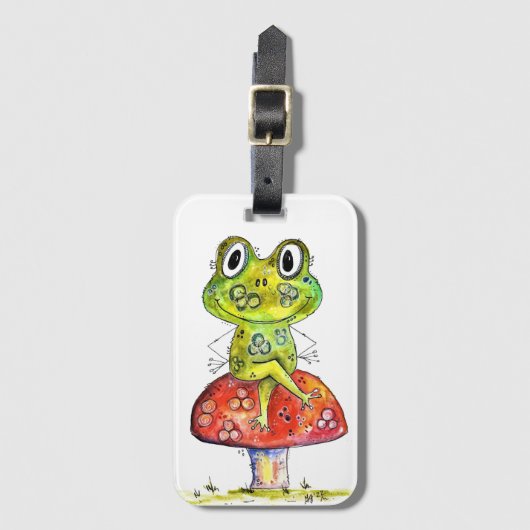 Cute Whimsical Green Frog op Toadstool Bagagelabel (Voorkant (verticaal))