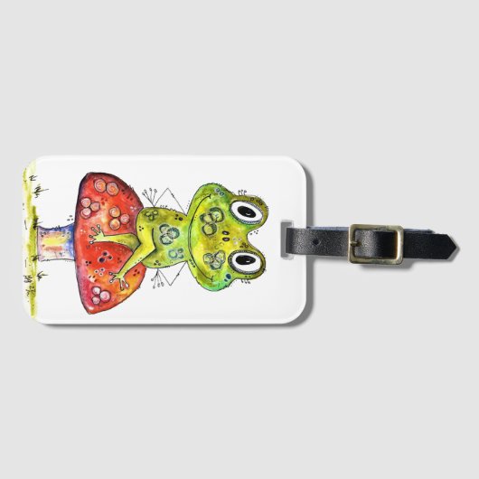 Cute Whimsical Green Frog op Toadstool Bagagelabel (Voorkant (horizontaal))