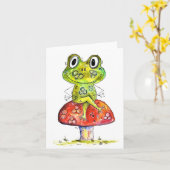 Cute Whimsical Green Frog op Toadstool Kaart (Gele Bloem)