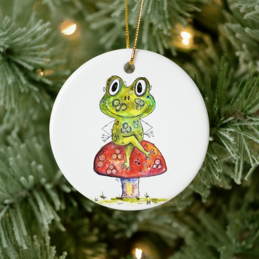 Cute Whimsical Green Frog op Toadstool Keramisch Ornament (Boom)