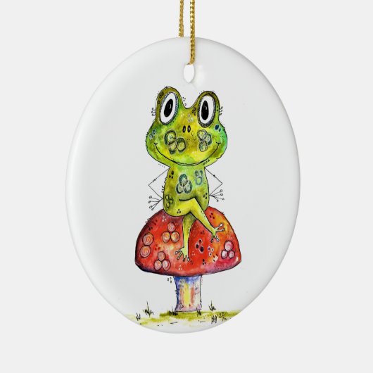 Cute Whimsical Green Frog op Toadstool Keramisch Ornament (Rechts)