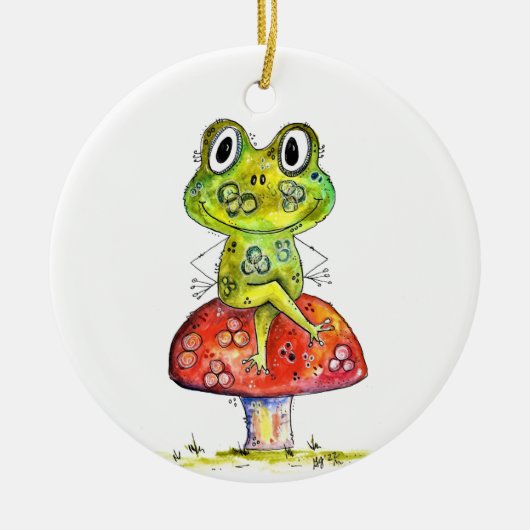Cute Whimsical Green Frog op Toadstool Keramisch Ornament (Voorkant)