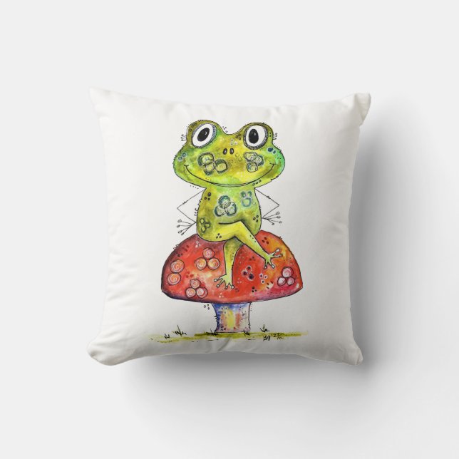 Cute Whimsical Green Frog op Toadstool Kussen (Voorkant)