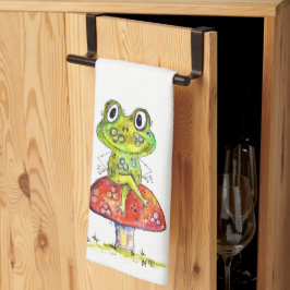 Cute Whimsical Green Frog op Toadstool Theedoek