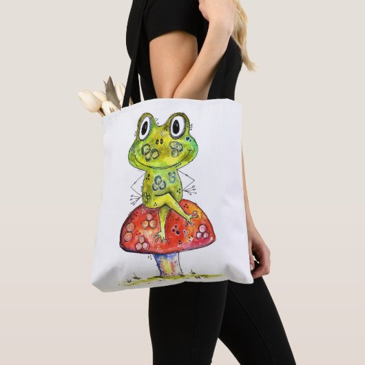 Cute Whimsical Green Frog op Toadstool Tote Bag (Dichtbij)