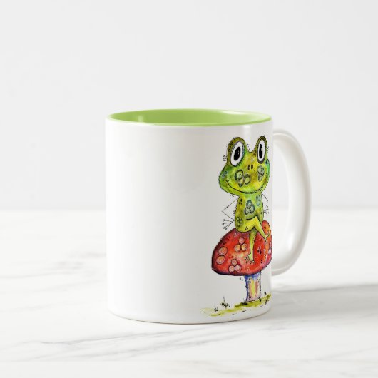 Cute Whimsical Green Frog op Toadstool Tweekleurige Koffiemok (Voorkant rechts)