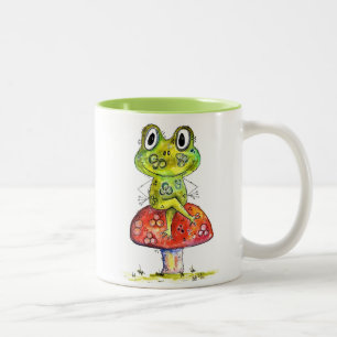 Cute Whimsical Green Frog op Toadstool Tweekleurige Koffiemok