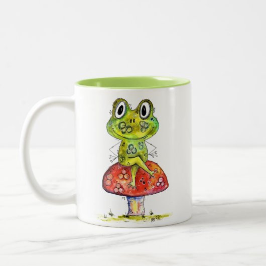 Cute Whimsical Green Frog op Toadstool Tweekleurige Koffiemok (Links)
