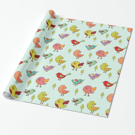 Cute Whimsical Hand Drawn Birds Pattern Cadeaupapier (Uitgerold)