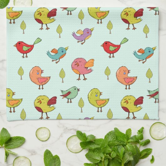 Cute Whimsical Hand Drawn Birds Pattern Theedoek (Gevouwen)