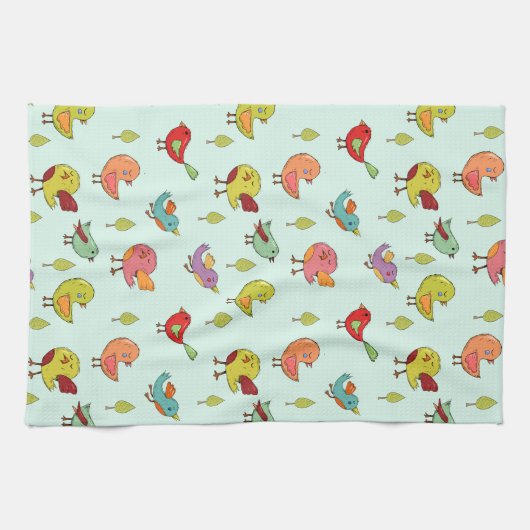 Cute Whimsical Hand Drawn Birds Pattern Theedoek (Horizontaal)