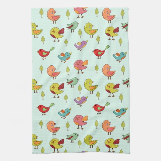 Cute Whimsical Hand Drawn Birds Pattern Theedoek (Verticaal)