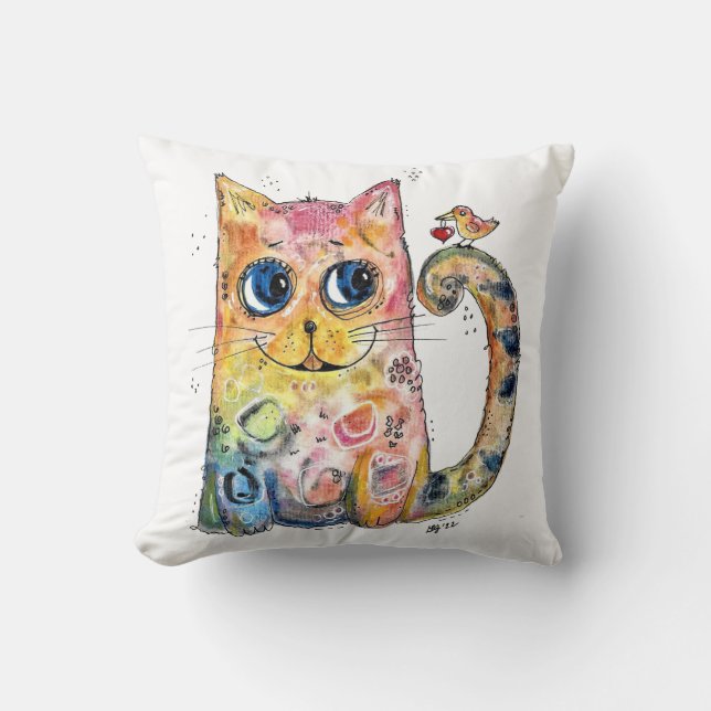 Cute Whimsical Happy Cat met Bird Kussen (Voorkant)