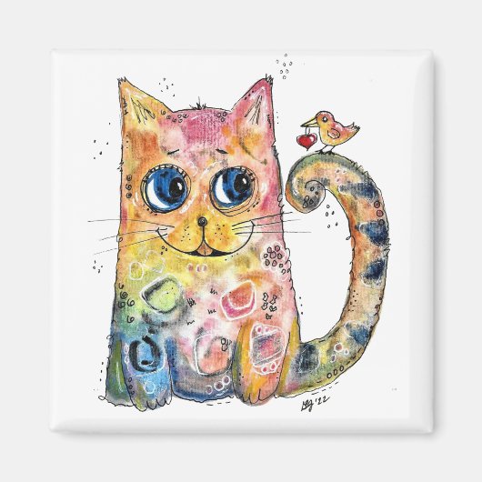 Cute Whimsical Happy Cat met Bird Magneet (Voorkant)