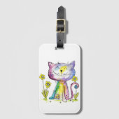 Cute Whimsical Happy Cat met gele bloem Bagagelabel (Voorkant (verticaal))