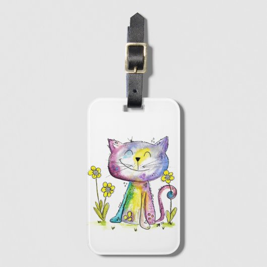 Cute Whimsical Happy Cat met gele bloem Bagagelabel (Voorkant (verticaal))