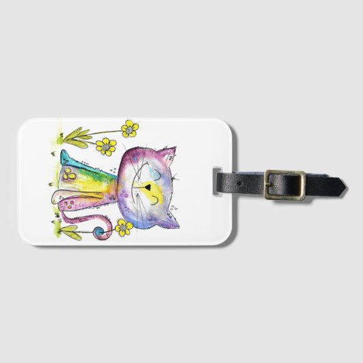 Cute Whimsical Happy Cat met gele bloem Bagagelabel (Voorkant (horizontaal))