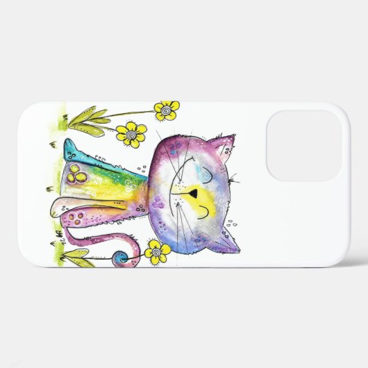 Cute Whimsical Happy Cat met gele bloem Case-Mate iPhone Case (Achterkant (horizontaal))