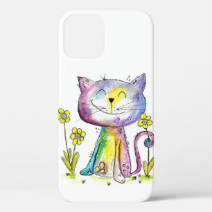 Cute Whimsical Happy Cat met gele bloem Case-Mate iPhone Case
