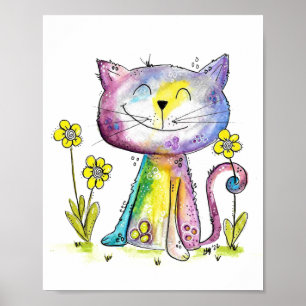 Cute Whimsical Happy Cat met gele bloem Poster