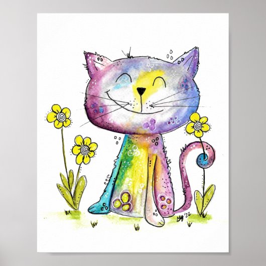 Cute Whimsical Happy Cat met gele bloem Poster (Voorkant)