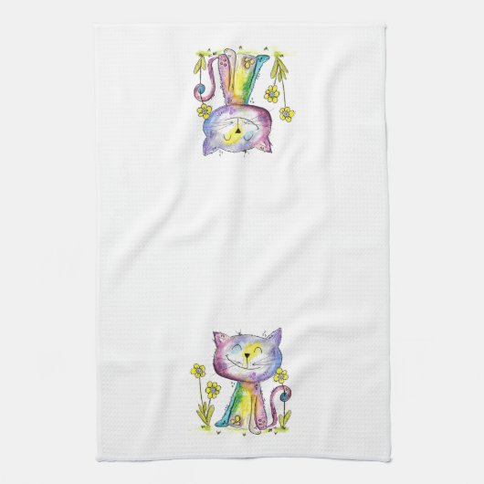 Cute Whimsical Happy Cat met gele bloem Theedoek (Verticaal)