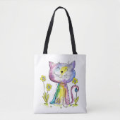 Cute Whimsical Happy Cat met gele bloem Tote Bag (Voorkant)
