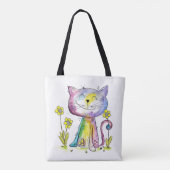 Cute Whimsical Happy Cat met gele bloem Tote Bag (Achterkant)