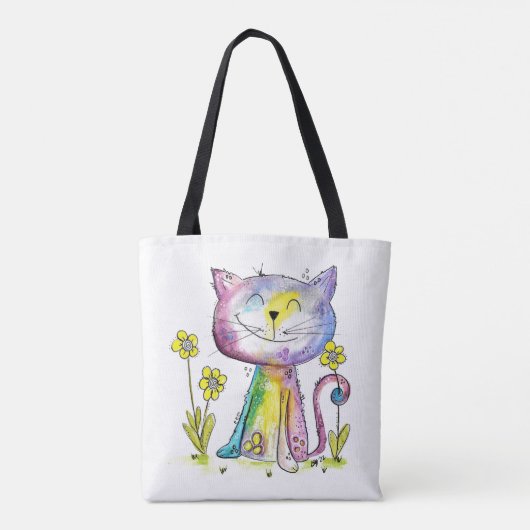 Cute Whimsical Happy Cat met gele bloem Tote Bag (Achterkant)