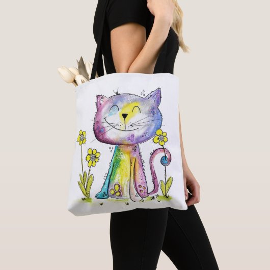 Cute Whimsical Happy Cat met gele bloem Tote Bag (Dichtbij)
