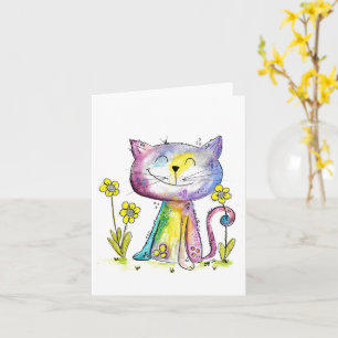 Cute Whimsical Happy Cat met gele bloemen Kaart