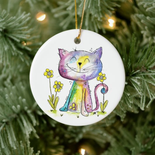 Cute Whimsical Happy Cat met gele bloemen Keramisch Ornament (Boom)