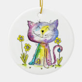 Cute Whimsical Happy Cat met gele bloemen Keramisch Ornament (Voorkant)