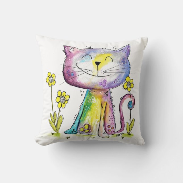 Cute Whimsical Happy Cat met gele bloemen Kussen (Voorkant)