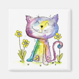 Cute Whimsical Happy Cat met gele bloemen Magneet