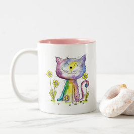Cute Whimsical Happy Cat met gele bloemen Tweekleurige Koffiemok