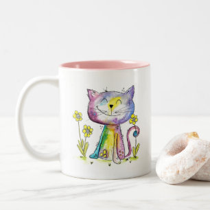 Cute Whimsical Happy Cat met gele bloemen Tweekleurige Koffiemok