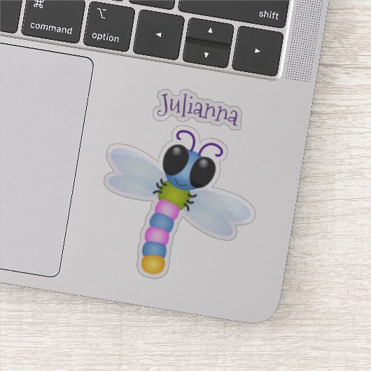 Cute whimsical happy dragonfly cartoon sticker (Detail)