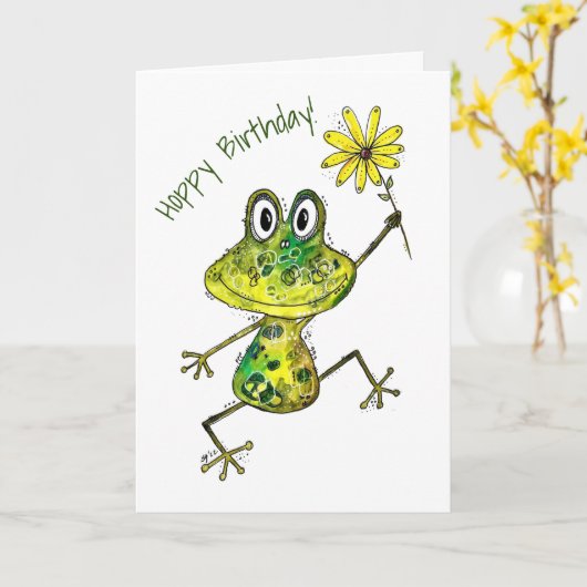 Cute Whimsical Happy Frog Kaart (Gele Bloem)