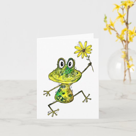 Cute Whimsical Happy Frog Kaart (Gele Bloem)