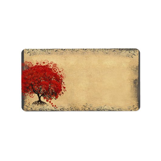 Cute Whimsical Heart Leafed Tree Red Etiket (Voorkant)