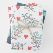 Cute Whimsical Hearts Flowers Pattern Blue Inpakpapier Vel (In situ)
