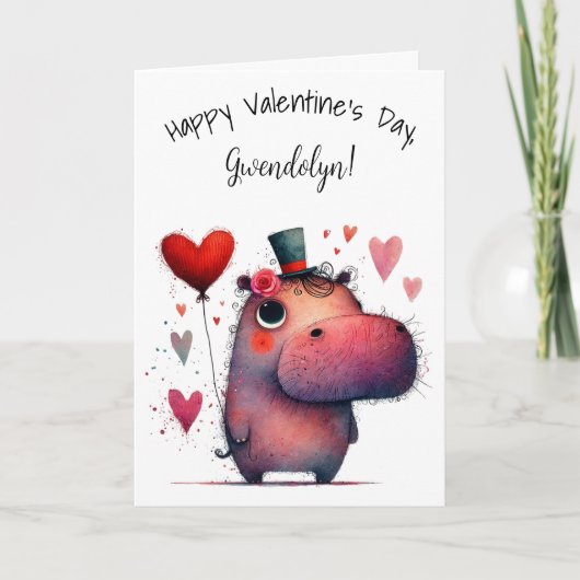 Cute Whimsical Hippo Happy Valentine's Day Kaart (Voorkant)