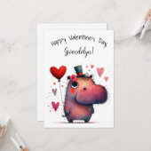 Cute Whimsical Hippo Valentine's Day Flat Kaart (Voorkant / Achterkant in situ)