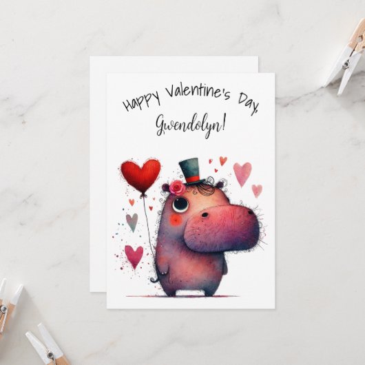 Cute Whimsical Hippo Valentine's Day Flat Kaart (Voorkant / Achterkant in situ)