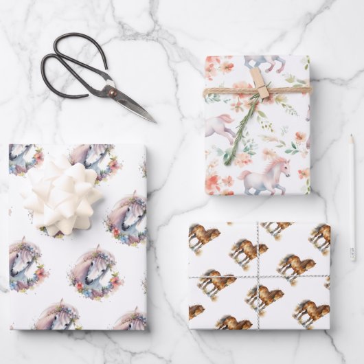 Cute Whimsical Horse Pony Floral Waterverf Inpakpapier Vel (Voorkant)