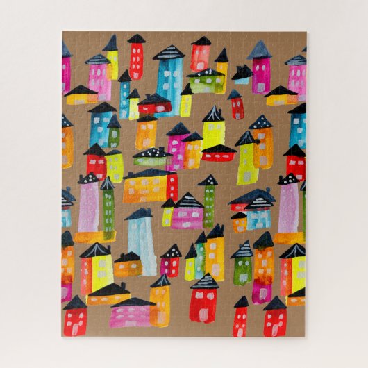 Cute whimsical houses waterverf jigzaagpuzzel legpuzzel (Verticaal)