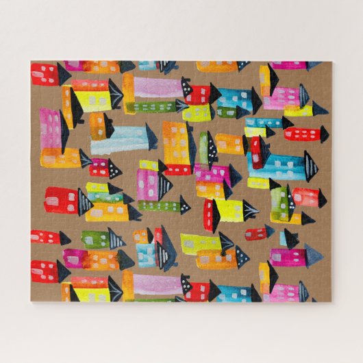 Cute whimsical houses waterverf jigzaagpuzzel legpuzzel (Horizontaal)
