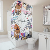Cute Whimsical Kitten Pattern Monogram & Girl Name Douchegordijn (In situ)