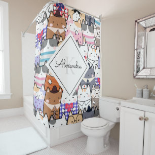 Cute Whimsical Kitten Pattern Monogram & Girl Name Douchegordijn